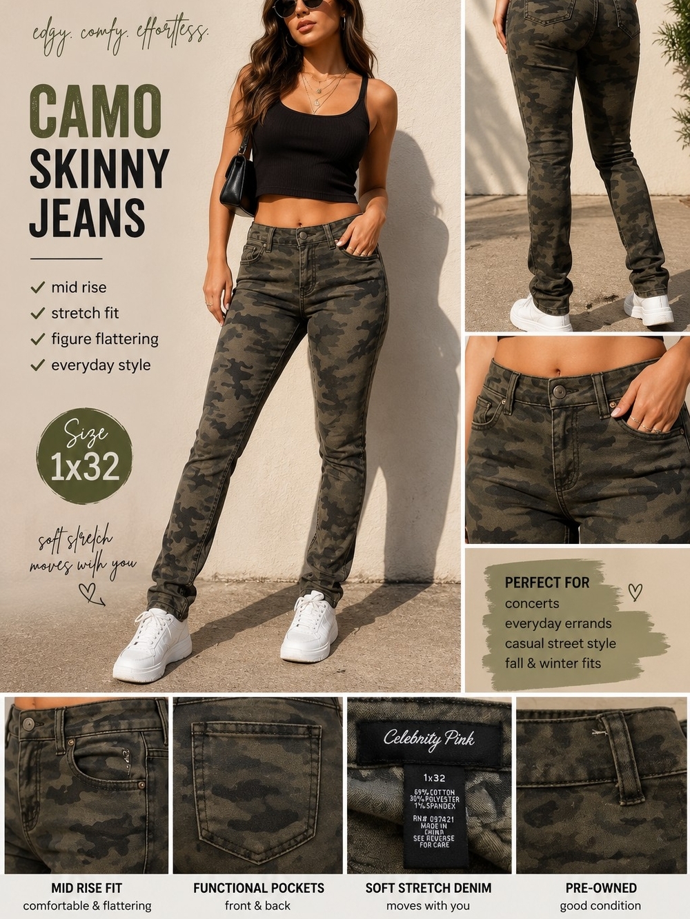 🌟 Celebrity Pink Camo Skinny Jeans Women’s 1x32 Stretch